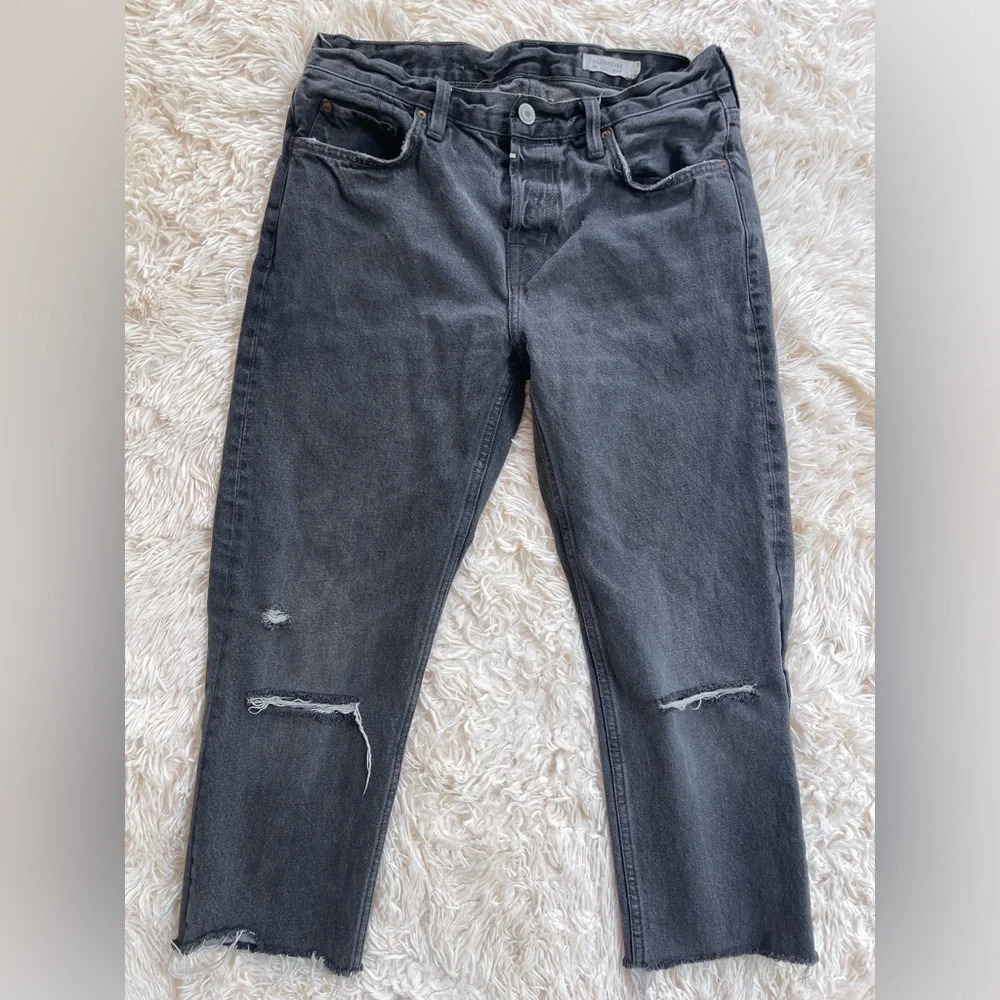 All Saints Grace Jeans Black Denim Mid Rise Distressed Grunge button fly size 30